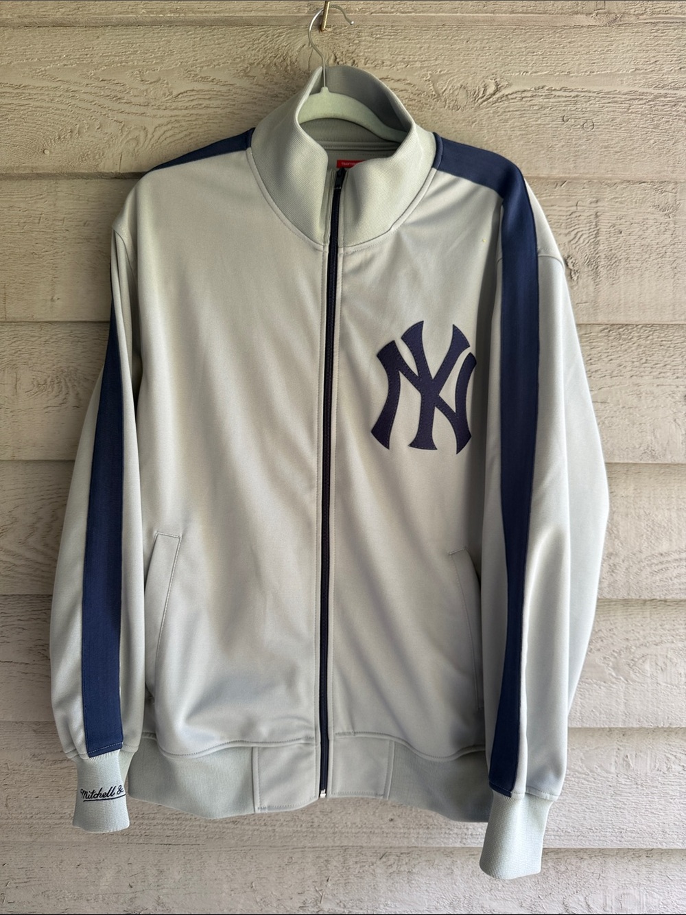 Mitchell & Ness Light Gray Track Jacket with Navy NY Logo